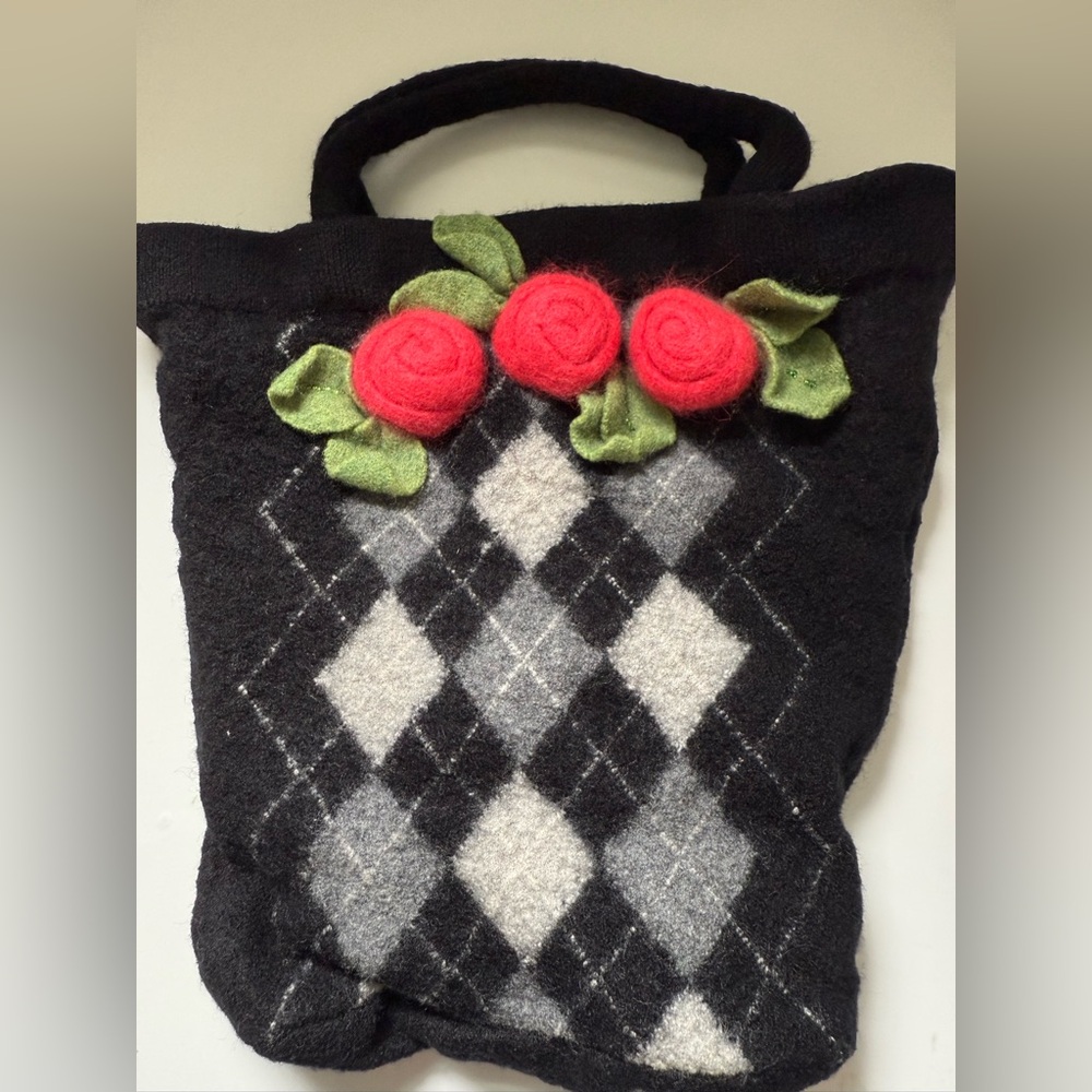 Knit Sweater Like Tote Bag, Black & Pink, Small.